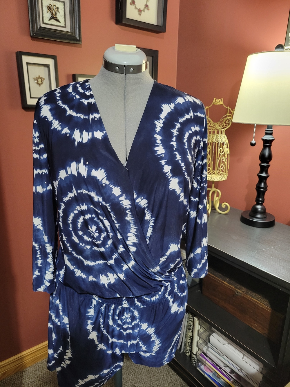 Navy Blue & White Tie-Dye Wrap Romper Shorts